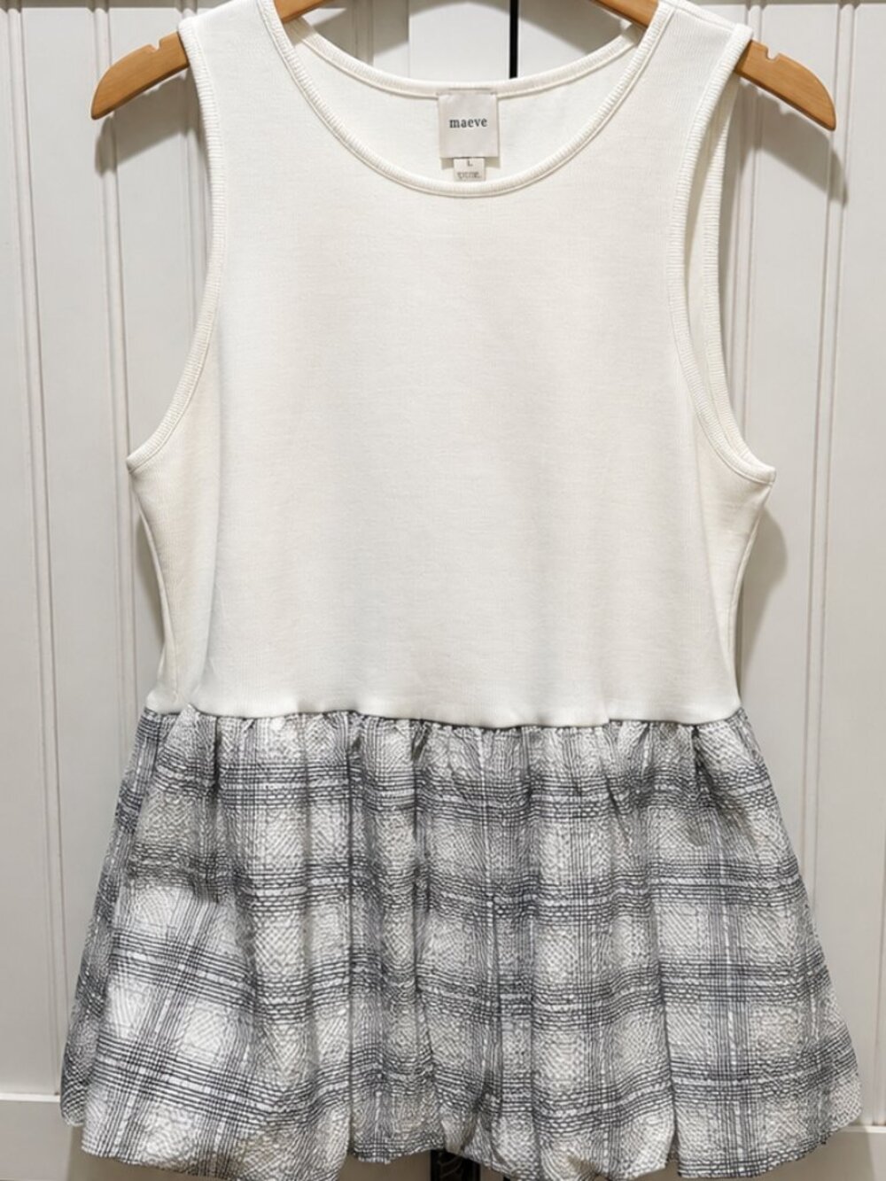 Maeve Anthropologie NWT Ivory Plaid Bubble Hem Sleeveless Top Size Large